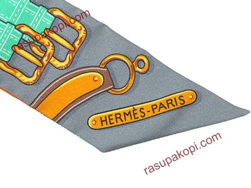 エルメス スカーフ ツイリー Harnais des Presidents 大統領の馬具 HERMES シルクスカーフ グレー×オレンジ×